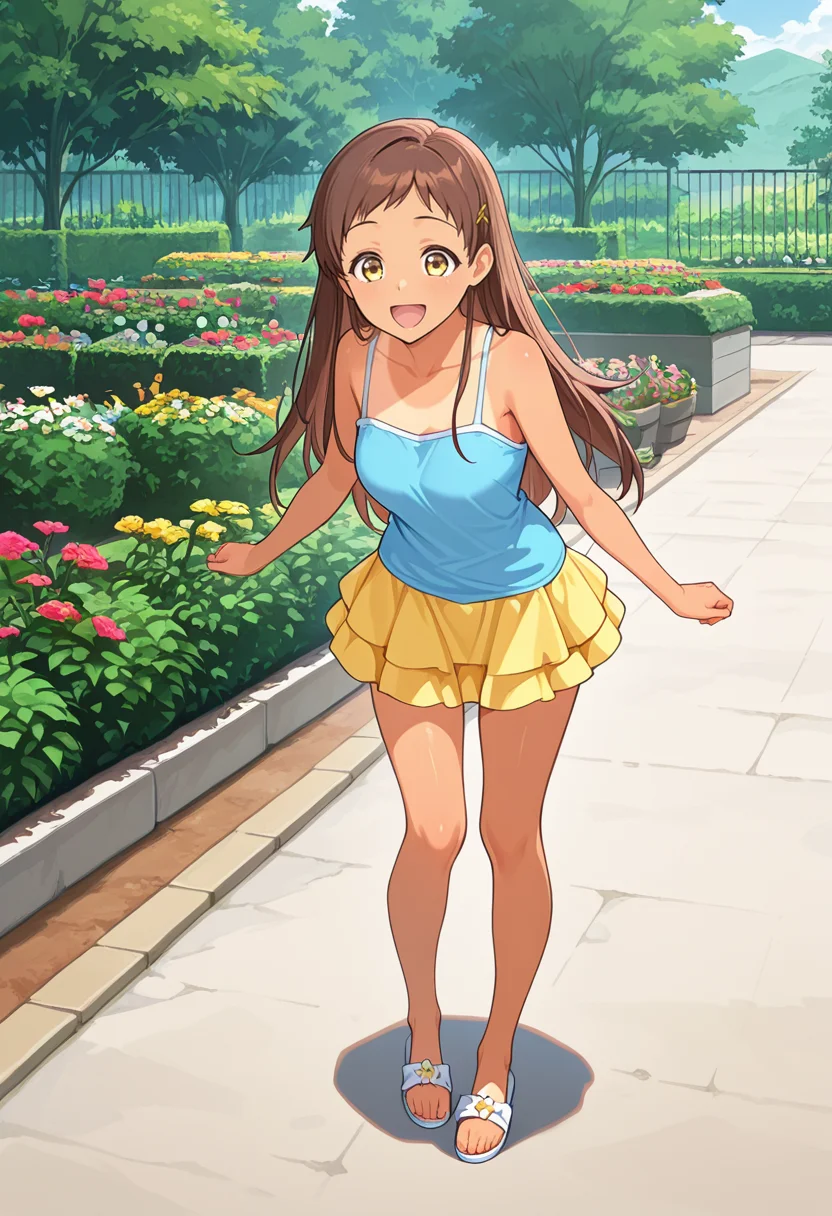 masterpiece,high quality details,
outdoors, garden,
<lora:Sayama_Chie:0.8>
chie_cnr, 1girl, brown hair, long hair,yellow eyes, tan, tanlines, hairclip,(aged up:1.2),
collarbone,yellow layered skirt,blue camisole, sandals,, excited,despair,