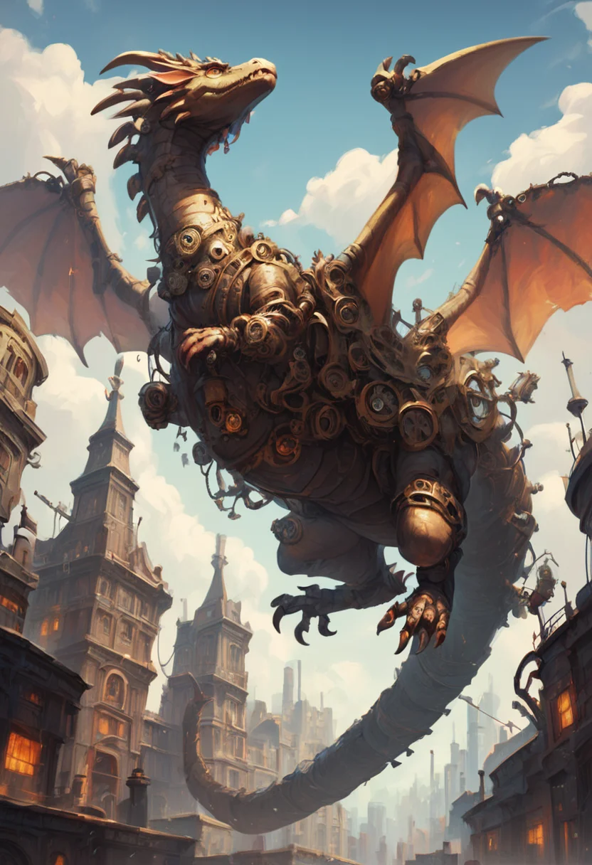 score_9, score_8_up, score_7_up,
a ((steampunk mechanical)) dragon,
flying above the clouds,breathing fire,
city below, clock tower, city lights,
detailed background,
<lora:Steampunk_Pony:1>