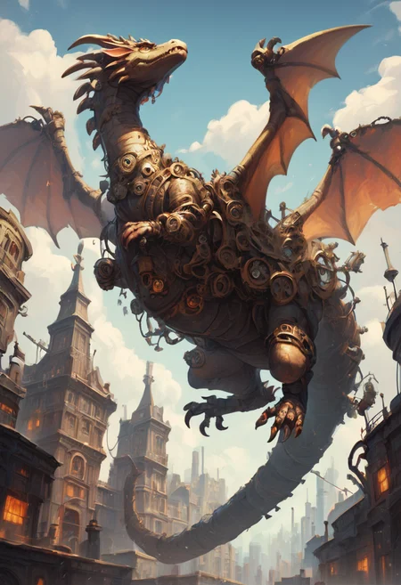score_9, score_8_up, score_7_up,
a ((steampunk mechanical)) dragon,
flying above the clouds,breathing fire,
city below,  clock tower, city lights,
detailed background,
 <lora:Steampunk_Pony:1>