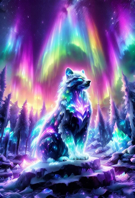 lazympos, morph-aurora, A platinum-tier animal sitting in an aurora-lit crystal forest, prismatic light shards refract through ice formations, glowing celestial patterns dance across its obsidian collar, hyper-detailed fur texture with rainbow iridescence, 8k resolution.
