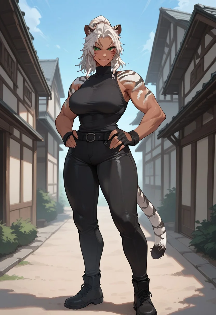 score_9, score_8_up, score_7_up, white hair, ponytail, tall female, toned, tiger fur, tiger tail, tail, green eyes, facial marks, tiger ears, large breasts, dark-skinned female, muscular female, sleeveless black shirt, black pants, fingerless gloves, smirk, hands on hip, looking at viewer, full body, village