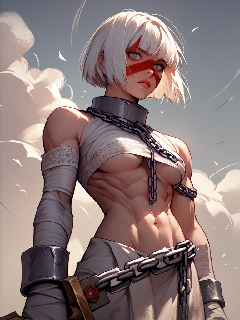 score_7_up, score_8_up, score_9, masterpiece, perfect face, high quality, source_anime, (1girl, solo,) <lora:Sister_of_Battle_Repentia_-_Warhammer_40k:1> repentia, white hair, bob cut, chain, bandages, underboob, muscular, sword