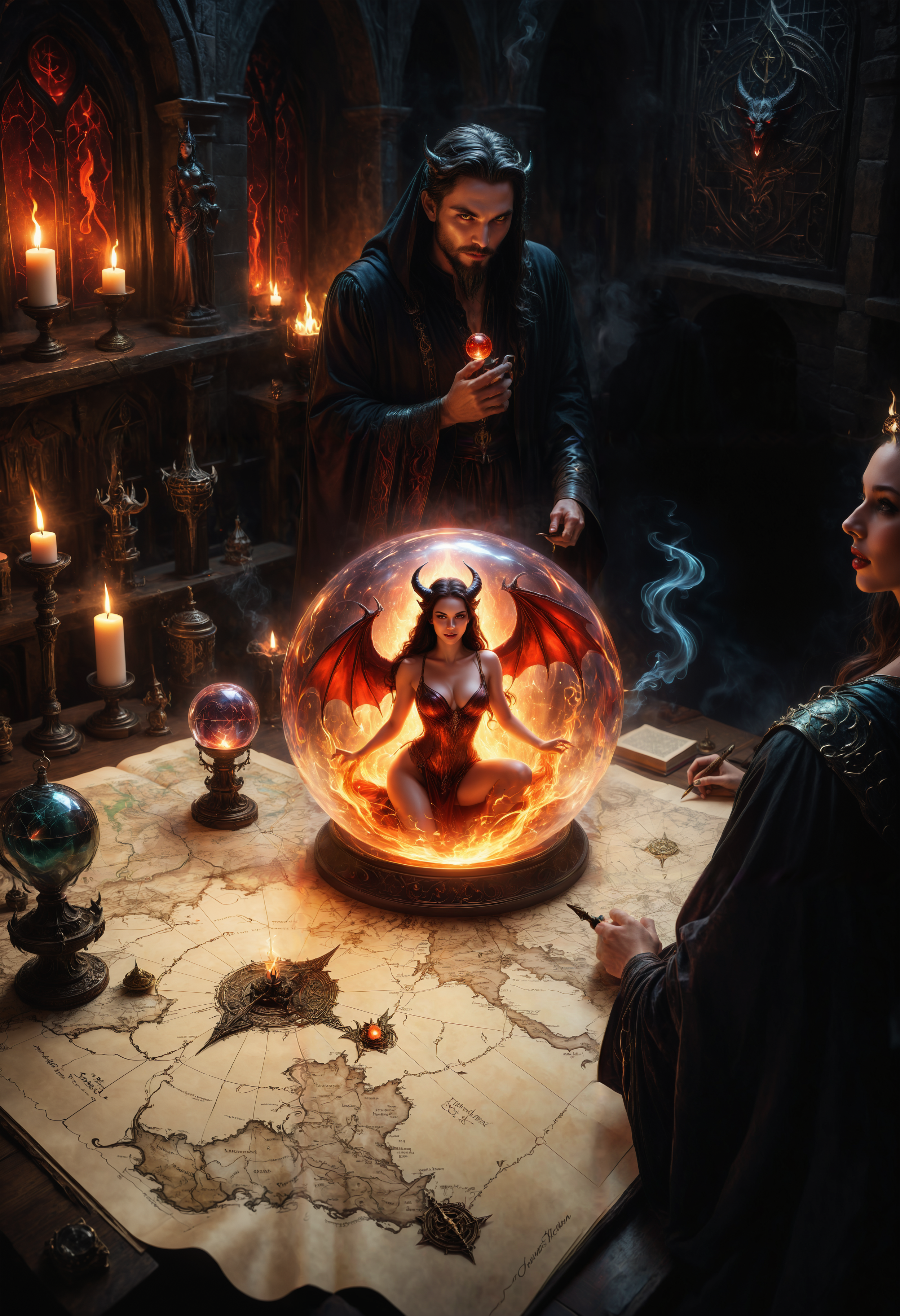 In the dim, flickering light of his foreboding tower, a dark wizard stands over a table littered with artifacts of power. A massive, hand-drawn map sprawls before him, etched with cursed symbols and routes to mystical lands he plans to claim. At its center, a glowing glass orb rests, swirling with a smoky, crimson mist, holding a seductive female demon within. Her form shifts and undulates like a shadow, her striking eyes gleaming with cunning as she watches the wizard, her lips curled in an amused smile.  She reclines within her glass prison, draped in ethereal, flame-like tendrils, her gaze locked onto the wizard as he outlines his dark plans, each word sparking intrigue in her eyes. The orb pulses in sync with her voice, a low, sultry tone that fills the air with dark promises and veiled schemes. As he speaks, she listens intently, her expression a mix of amusement and hunger, subtly guiding his ambitions with whispered temptations of greater power and victory.  Around them, enchanted relics, ancient spellbooks, and smoldering incense add to the atmosphere, shadows leaping on the walls with each flicker of candlelight, amplifying the roomâs dark, intoxicating energy. In his lust for domination, the wizard doesnât see the danger in her smileâa hunger that could consume worlds alongside him.  (1girl, succubus, focus on girl, 1man, looking a each other, side view, close up:1.2)   realistic, photograph, (masterpiece), 8k quality, (detailed eyes:1.2), (highest quality:1.1), highly detailed, majestic, top quality, best quality, newest, ai-generated, (intricate details:1.1), extremely beautiful, elegant, majestic<lora:SDXLFaeTastic2400.safetensors:0.3:0.3> <lora:world_glass-000004.safetensors:0.4:0.4> <lora:Magical_Parchment_v2.safetensors:0.4:0.4>