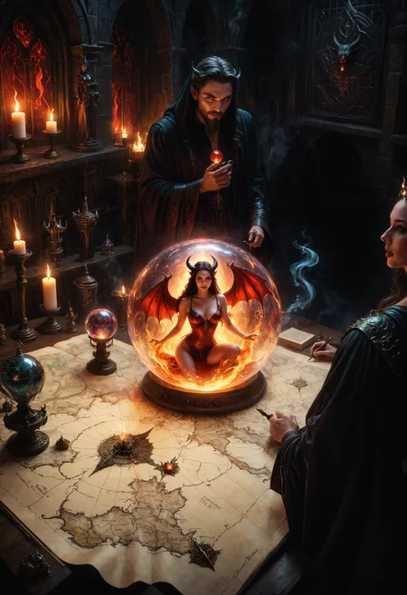 In the dim, flickering light of his foreboding tower, a dark wizard stands over a table littered with artifacts of power. A massive, hand-drawn map sprawls before him, etched with cursed symbols and routes to mystical lands he plans to claim. At its center, a glowing glass orb rests, swirling with a smoky, crimson mist, holding a seductive female demon within. Her form shifts and undulates like a shadow, her striking eyes gleaming with cunning as she watches the wizard, her lips curled in an amused smile. She reclines within her glass prison, draped in ethereal, flame-like tendrils, her gaze locked onto the wizard as he outlines his dark plans, each word sparking intrigue in her eyes. The orb pulses in sync with her voice, a low, sultry tone that fills the air with dark promises and veiled schemes. As he speaks, she listens intently, her expression a mix of amusement and hunger, subtly guiding his ambitions with whispered temptations of greater power and victory. Around them, enchanted relics, ancient spellbooks, and smoldering incense add to the atmosphere, shadows leaping on the walls with each flicker of candlelight, amplifying the roomâs dark, intoxicating energy. In his lust for domination, the wizard doesnât see the danger in her smileâa hunger that could consume worlds alongside him. (1girl, succubus, focus on girl, 1man, looking a each other, side view, close up:1.2) realistic, photograph, (masterpiece), 8k quality, (detailed eyes:1.2), (highest quality:1.1), highly detailed, majestic, top quality, best quality, newest, ai-generated, (intricate details:1.1), extremely beautiful, elegant, majestic<lora:SDXLFaeTastic2400.safetensors:0.3:0.3> <lora:world_glass-000004.safetensors:0.4:0.4> <lora:Magical_Parchment_v2.safetensors:0.4:0.4>