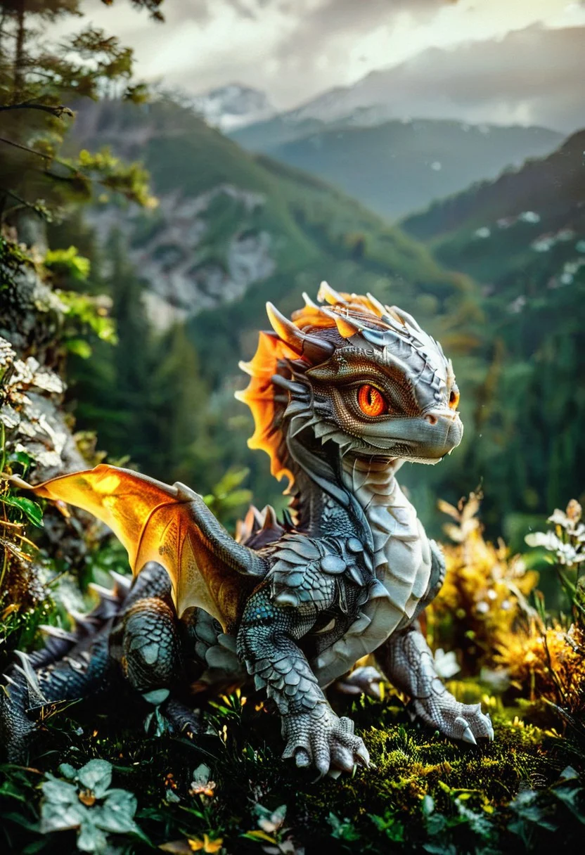 A photorealistic image of a majestic dragon, brown and grey scales.
alienworld,
intricate details, dramatic composition, tension, contrast, texture, realism, high quality, stunning art, film grain, volumetric lighting, detailed, intricate, film grain, ultra realistic, retro photography,
Meadow mountain forest background,
midjourneyv6.1, aidmaImageUpgrader,