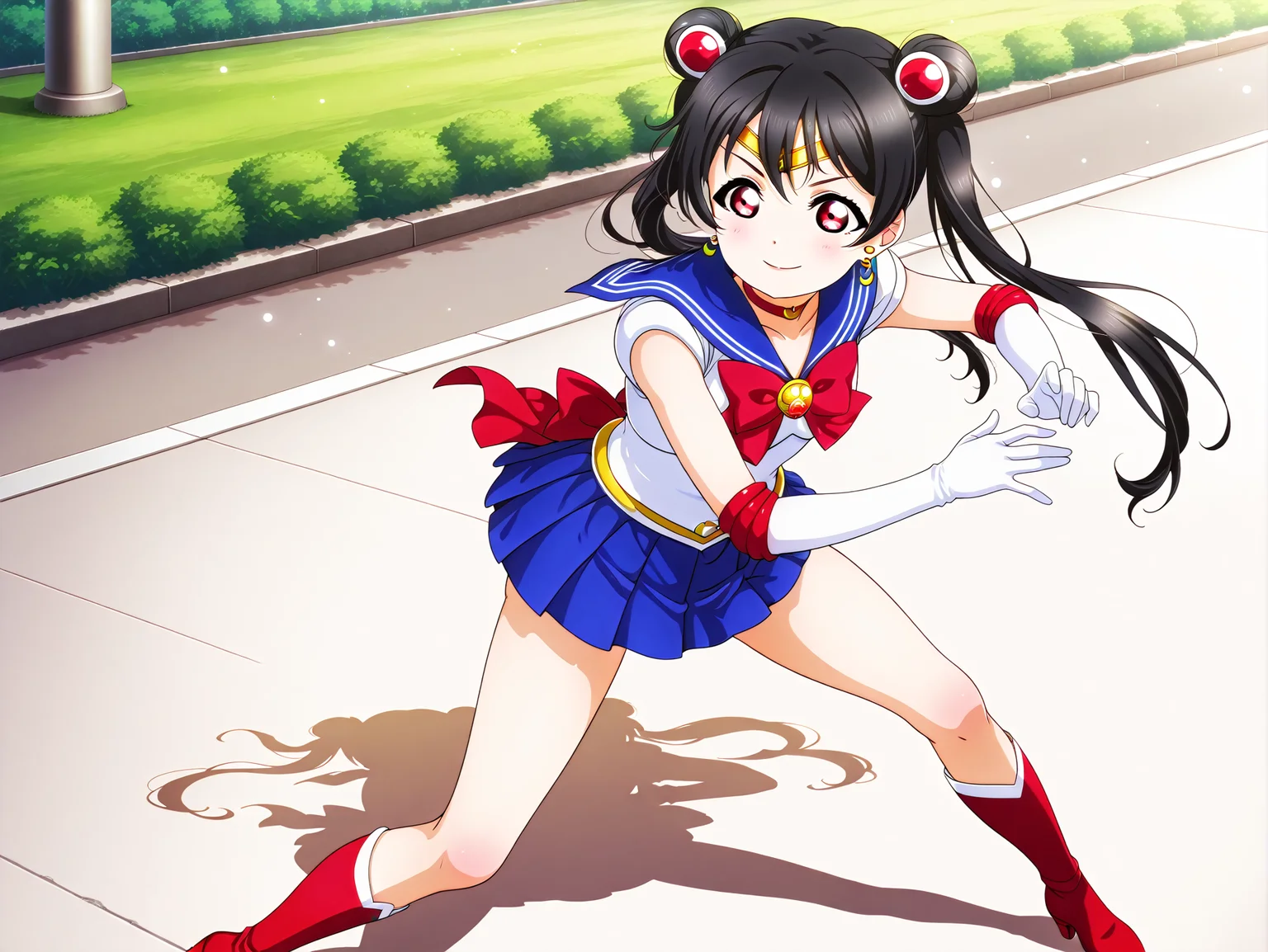 masterpiece, best quality, amazing quality, very awa, beautiful aesthetic, very intricate, high quality details, perfect details, best resolution, extremely detailed background, illustration, CG, 24K, professional photography, absurdres, highres, amazing quality, very aesthetic, anime coloring, anime screencap, female minefocus, Smooth Quality - Illustrious, , WaiIL25PosD, WaiIL25PosC, full body, 
1girl, solo, cute girl, very cute, kawaii, makeup, light smile, fighting stance, fighting posture, 
lovelive_nico, black hair, twintails, red hairbow, red eyes, detailed face, detailed eyes, detailed hair, detailed facial features, , tsukino usagi, blue sailor collar, blue skirt, bow, brooch, choker, elbow gloves, gloves, jewelry, leotard, magical girl, pleated skirt, red bow, red choker, ribbon, sailor collar, sailor senshi uniform, skirt, white gloves, detailed leotard, detailed skirt, detailed hands, detailed legs, sexy legs, , good_hands, , 
high contrast, outdoors, glitter, motion_blur, motion line, speed_lines, high quality, <lora:spo_sdxl_10ep_4k-data_lora_webui:1>,<lora:ill_lv_nico:1>,<lora:sailor_moon:1>,<lora:pony_good_hands:1>,<lora:offset_0.2:0.3>