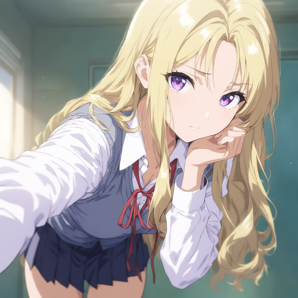 solo,looking at viewer,masterpiece,high score,great score,absurdres,school uniform,skirt,white shirt,red ribbon,vest,<lora:Seito2_kisaku ag4o v1:1> seito2, blonde hair, long hair, purple eyes,