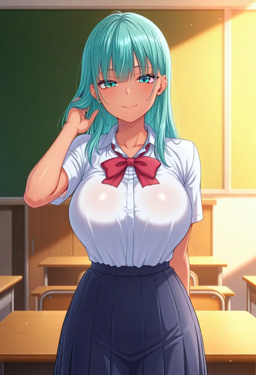 (absurdres, best quality, masterpiece:1.4), amazing quality, highres, newest, detailed, detailed body, detailed face, source anime, anime coloring, beautiful,
BREAK
1girl, solo, TsukiCool, aqua eyes, aqua hair, hair down, school uniform, classroom, standing, smile, tan, large breasts,