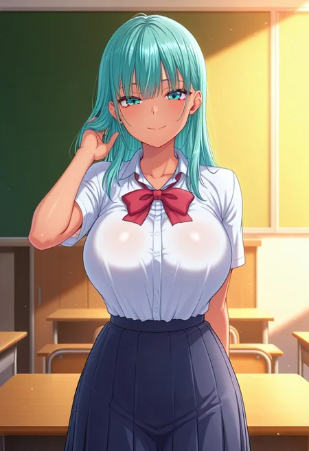 (absurdres, best quality, masterpiece:1.4), amazing quality, highres, newest, detailed, detailed body, detailed face, source anime, anime coloring, beautiful, 
BREAK
1girl, solo, TsukiCool, aqua eyes, aqua hair, hair down, school uniform, classroom, standing, smile, tan, large breasts,