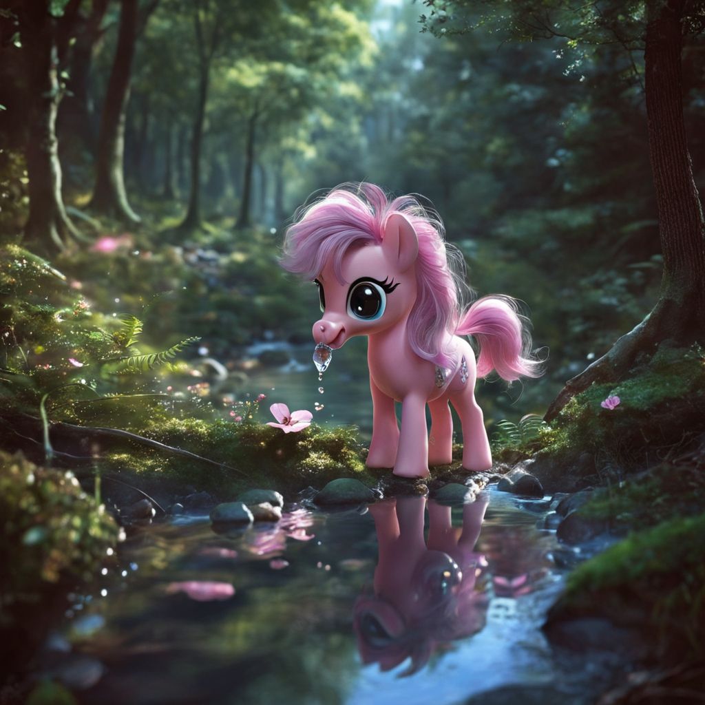 A cute pink MLPIRL is drinking from a river in the forest   <lora:MLPIRL_-_My_Little_Pony_In_Real_Life:1.0>
