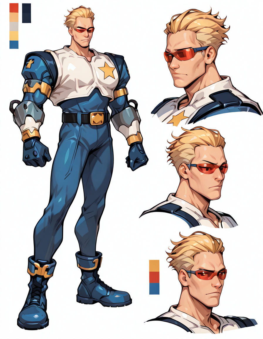 <lora:Captain_Commando_Illustrious:0.8>1boy, male focus, solo, blonde hair, red sunglasses, gloves, upper body, captain commando,   <lora:CharacterDesignIllustrious_Concept:0.8> CharacterDesignIllustrious,,, reference sheet, simple white background, (color guide:1.2), (multiple views), (full body), dynamic pose,,
