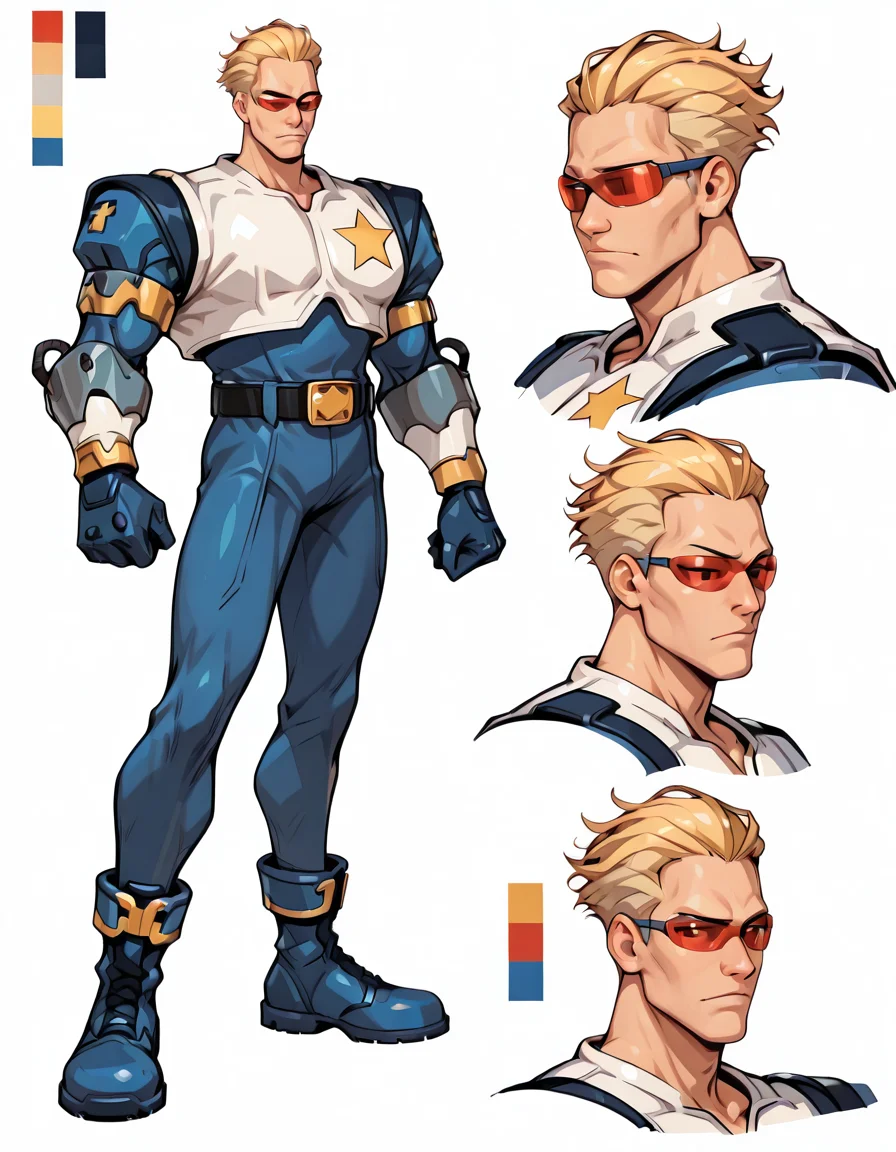 <lora:Captain_Commando_Illustrious:0.8>1boy, male focus, solo, blonde hair, red sunglasses, gloves, upper body, captain commando, <lora:CharacterDesignIllustrious_Concept:0.8> CharacterDesignIllustrious,,, reference sheet, simple white background, (color guide:1.2), (multiple views), (full body), dynamic pose,,