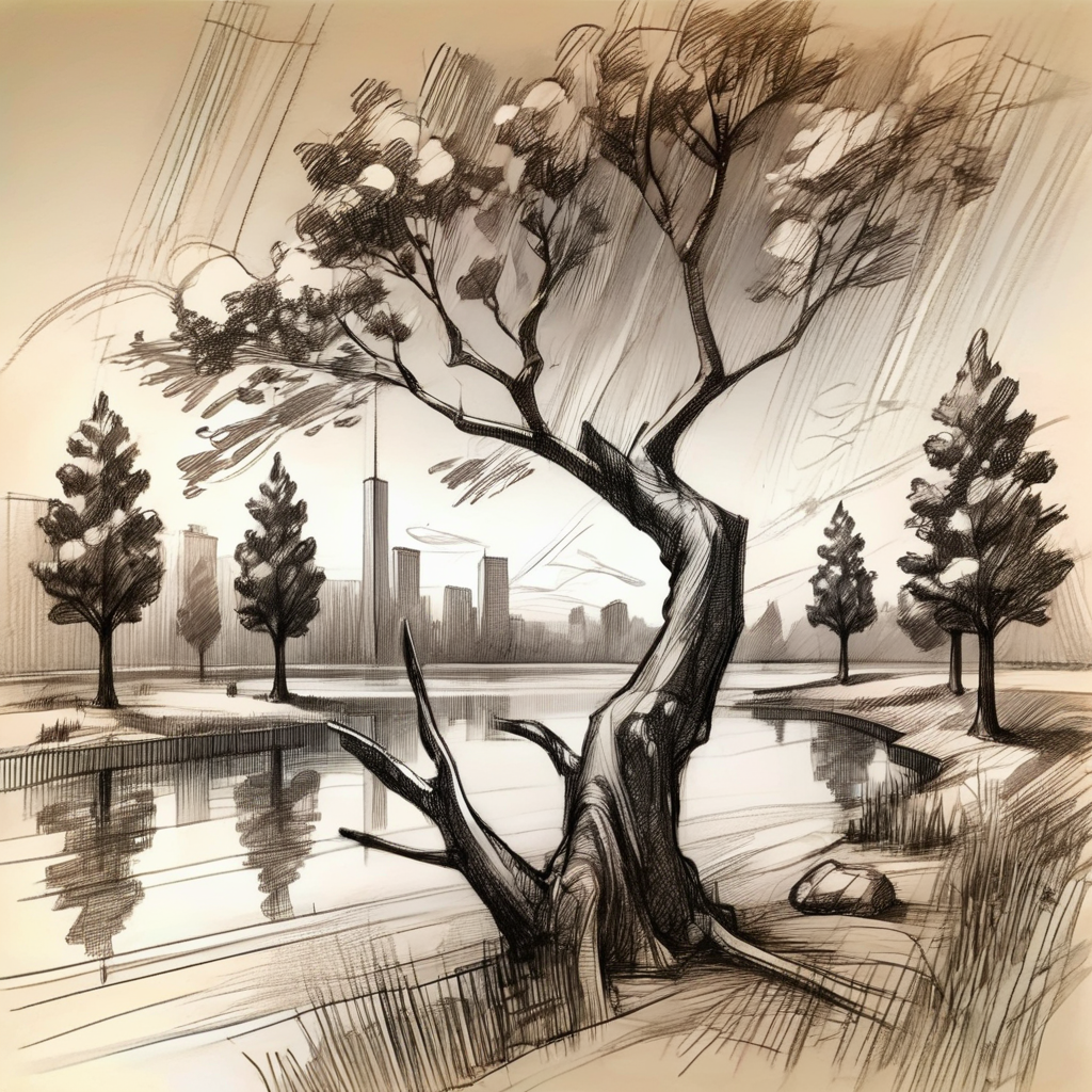 vextria sketch, landscape, lake, old crooked tree in the foreground, trees and forest in the distance, very detailed <lora:vextria:1>