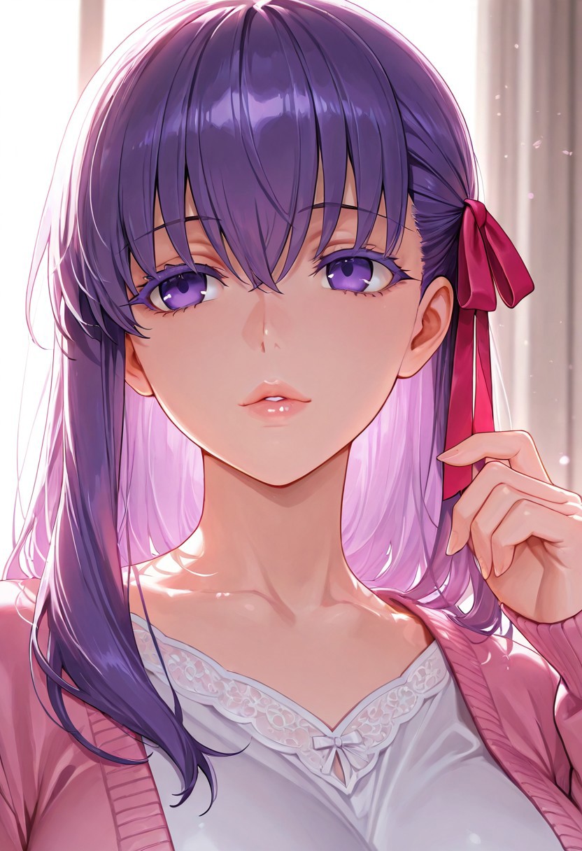 1girl, Matou Sakura \(fate\),, adult woman, masterpiece, pink cardigan, a white shirt, hand up, violet hair, long hair, red-pink ribbon on the left side of hair, luscious lips, lip gloss, portrait, colored eyelashes, backlighting, violet eyes, goddess, glossy skin, ,hires,best quality, very aesthetic,absurdres,score_9, score_8_up, score_7_up, score_6_up, score_5_up, score_4_up, (hyper extreme detailed), (hyper quality), game CG, (colour:1.2),(from side:0.7)