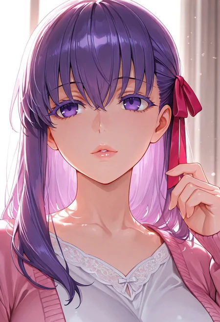 1girl, Matou Sakura \(fate\),, adult woman, masterpiece, pink cardigan, a white shirt, hand up, violet hair, long hair, red-pink ribbon on the left side of hair, luscious lips, lip gloss, portrait, colored eyelashes, backlighting, violet eyes, goddess, glossy skin, ,hires,best quality, very aesthetic,absurdres,score_9, score_8_up, score_7_up, score_6_up, score_5_up, score_4_up, (hyper extreme detailed), (hyper quality), game CG, (colour:1.2),(from side:0.7)
