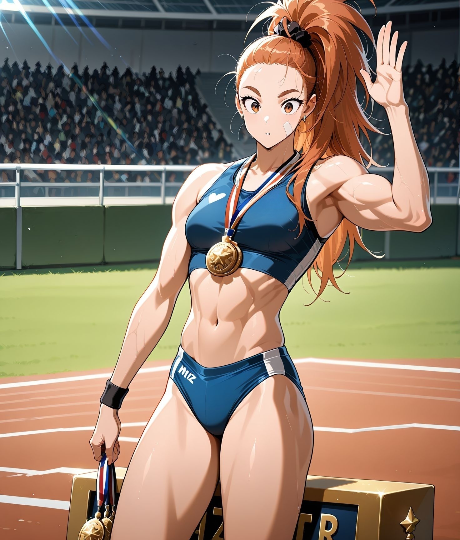 <lora:add-detail-xl:0.5>,,masterpiece,best quality,anime coloring,anime screenshot,
<lora:female_athlete:1>female_athleteV1,
sportswomen on podium,
medal ceremony,awards podium,gold medals,
victory celebration,sports crop top,
track briefs,midriff, holding  medals,
<lora:CaptainMizuki(Manga)_ILXL_v1:0.8> captain mizuki,  bandaid on face, muscular female, toned, long hair, ponytail, forehead, hair scrunchie, 
blue  sports bra, blue track briefs,   midriff, navel, linea alba, buruma,