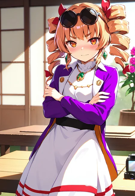 1girl, solo, yorigami jo'on, (drill hair:1.2), (eyewear on head:1.3), (jewelry:1.3), (white dress:1.4), (purple jacket:1.5), (facing camera:0.8), (slightly open mouth:0.1), natural pose, (light entering from left:1.5), (Japanese-style temple:1.5), (sliding doors:1.4), (vibrant flower garden:1.2), (blurred temples in background:0.8), (character's left shoulder closer:1.3), (thick paint style:1.4), (facing down shyly:1.1), (blushing:0.7), (jewelry:1.3), (white dress:1.4), (purple jacket:1.1), (facing camera:1.5), (shy smile:0.2), (nervous smile:0.7), (head tilted clockwise:1.3), (shoulders slightly hunched:1.2), (sliding doors:1.4), (vibrant flower garden:1.2), (blurred temples in background:0.8), (arms resting on table:1.5), (hands resting firmly on table:1.2), (arms on table:1.6), (no hand movement:1.3), (crossed arms on table:1.6), (thick paint style:1.4), (head slightly tilted:1.3), (furrowed brows:1.7), (mouth slightly open with smile:0.4), (embarrassed:1.5)(looking at the camera:1.6), (playful yet uncomfortable expression:1.2), (slight shoulder shrug:1.3), body leaning slightly forward, soft sunlight shining in from the left, temple room with sliding doors half-open, colorful flowers outside, other distant Japanese buildings blurred, (morning light:0.8), (bright:0.6), warm lighting, anime style highly detailed shadows, warm atmosphere, anime art style, sunlight on face, soft glow. <lora:char-joon:1>