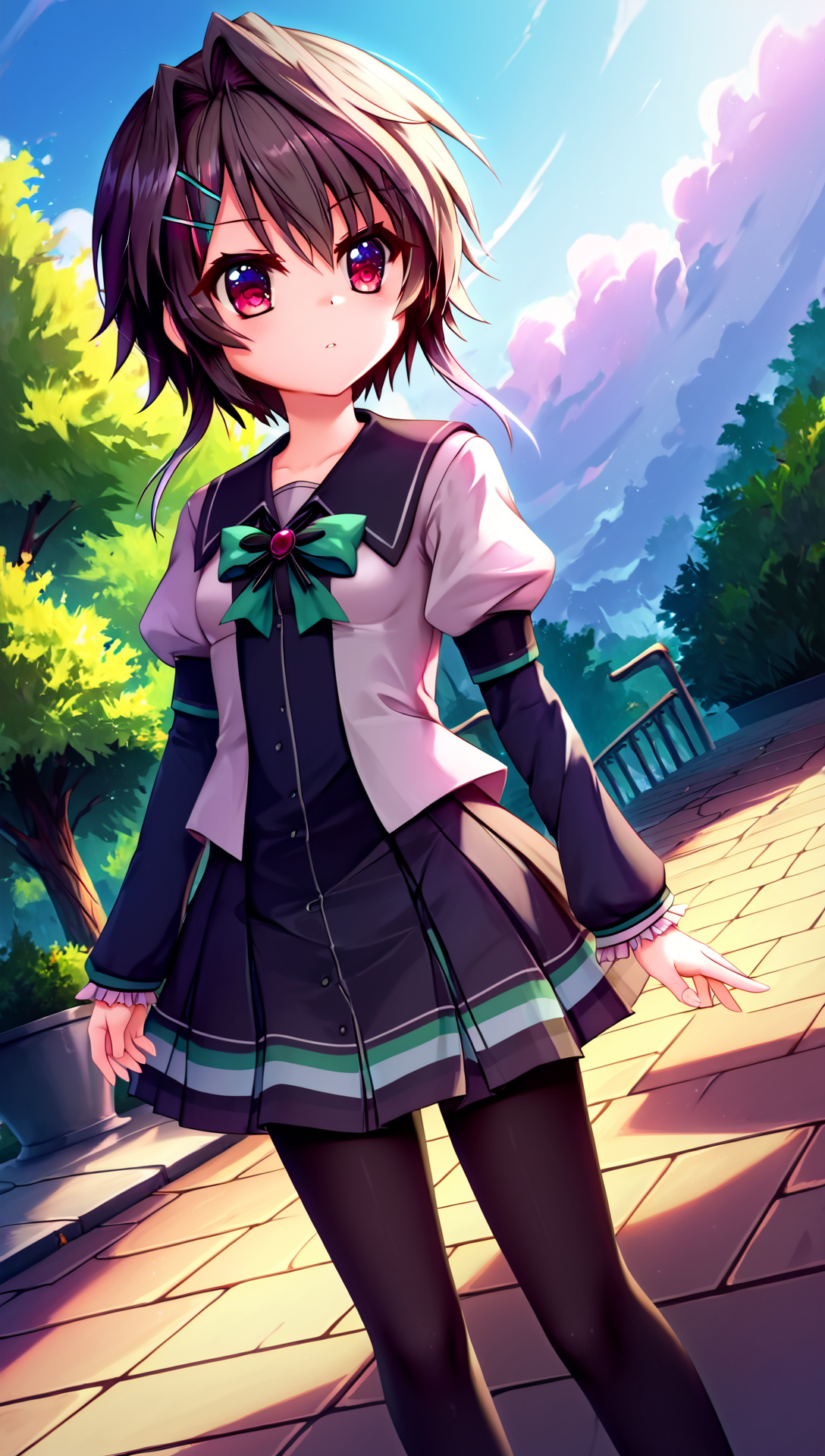 zPDXL2, rating_safe, source_anime, 4k quality, detailed background, detailed eyes, park, sunny, standing, parted lips, round mouth, dutch angle, (looking away), <lora:yuuki-noa-xl-08:1>, yuuki noa, yukiiro school uniform, black tights, small breasts,