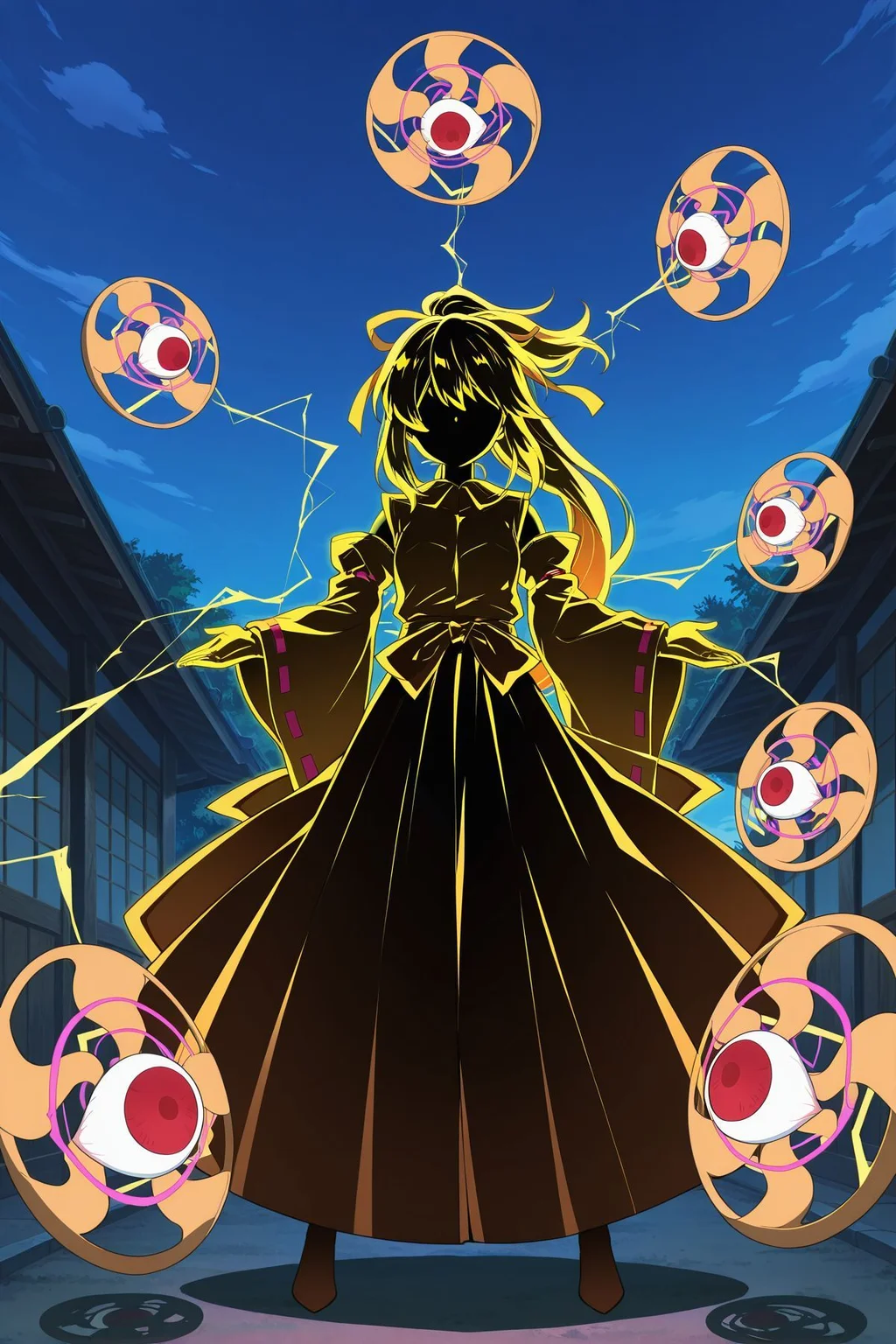 absurdres, highres, masterpiece, best quality, amazing quality, official anime artwork, screencap, anime screencap, outdoors,
<lora:YuugenMagan_Illustrious:1> yuugenmagan, 1girl, outline, electricity, shadow, detached sleeves, long hair,