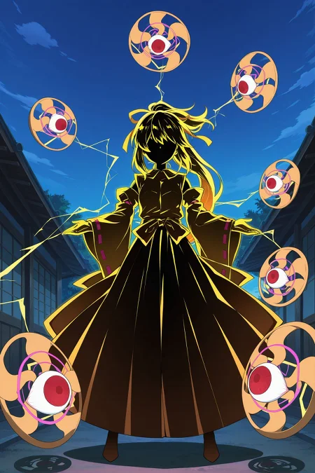 absurdres, highres, masterpiece, best quality, amazing quality, official anime artwork, screencap, anime screencap, outdoors, 
 <lora:YuugenMagan_Illustrious:1> yuugenmagan, 1girl, outline, electricity, shadow, detached sleeves, long hair,