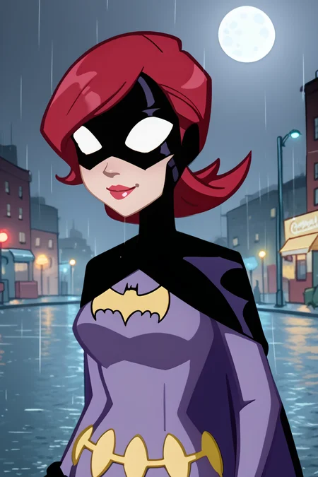 batgirl, 1girl, solo, smile, black mask, (white eyes, no pupils:0.9), red hair, lipstick, red lips, black cape, bat print, dark purple bodysuit, utility belt, black gloves, looking at viewer, upper body, raining, rain, night, city, street, moon, zPDXL, <lora:Batgirl:0.85>, <lora:LeisureSuitLarry-WD-PonyXL-V1:0.8>