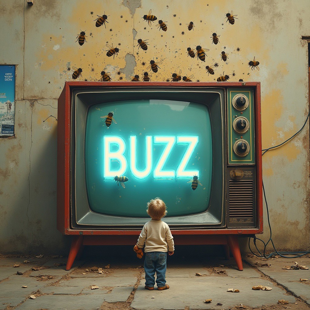Create a thought-provoking Banksy-style artwork featuring a giant, vintage TV set with the word "BUZZ" displayed on its flickering screen in bold, neon letters. In front of the TV stands a young child, gazing up mesmerized, clutching a teddy bear in one hand. A swarm of bees emerges from the screen, flying into the urban environment, symbolizing the spread of information and the overwhelming nature of digital noise. The scene is set in a worn-down urban landscape, with cracked walls and fading posters, highlighting the contrast between innocence and the chaotic, buzzing world of media. This artwork captures Banksy's characteristic use of irony and social critique, urging viewers to consider the impact of media saturation on society and the younger generation.