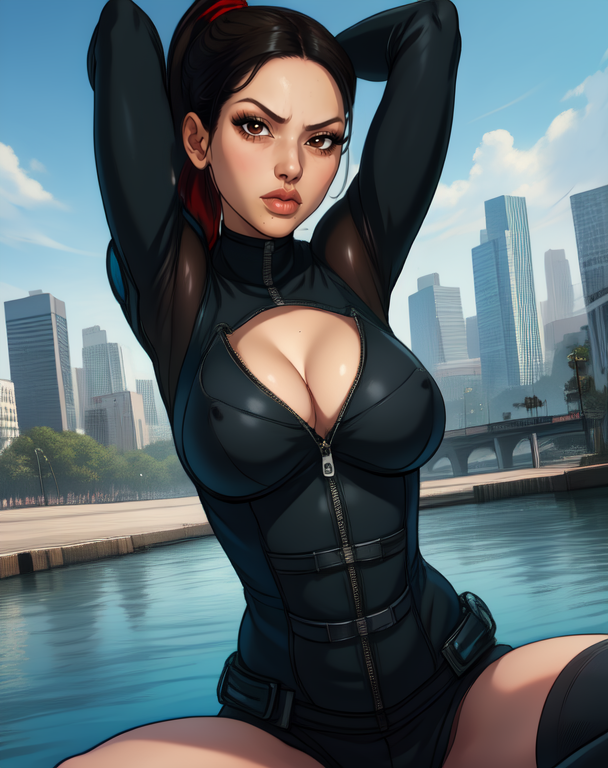 faye,ponytail,lips,black hair,brown eyes,
black body suit,armor,sitting,zipper down,cleavage cutout,
looking at viewer,solo,upper body,
city,futuristic,serious,cleavage,arms up,
(insanely detailed, beautiful detailed face, masterpiece, best quality),solo,
<lora:faye-10BDv7:0.8>,