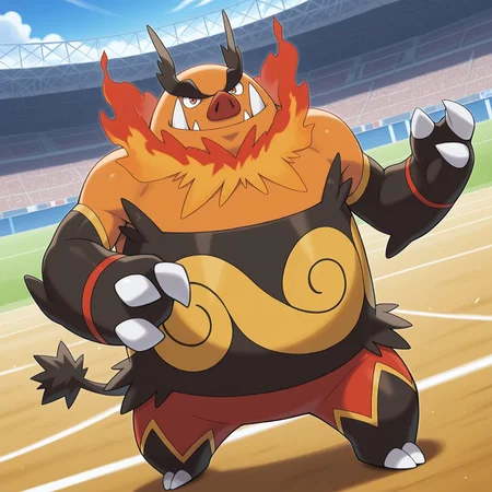 2d, solo, pokemon (creature), Emboar, orange fur, red pig nose, red eyes, large fangs, black eyebrows, big eyebrows, flames around neck, yellow pattern on belly, orange fur, red fur, black fur, multicolored fur, multicolored body, claws, tail, toe claws, red band on wrists,
BREAK grinning, confident, standing, dynamic angle, stadium, sunny day
BREAK best quality, amazing quality, very aesthetic, absurdres, newest, masterpiece