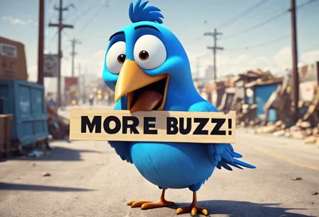 homeless  depressed sad tired expression blue twitter bird with beard   holding a sign displaying text of "More Buzz Please!", cartoonish render,  3d render, street junkyard, cartoon pixar
