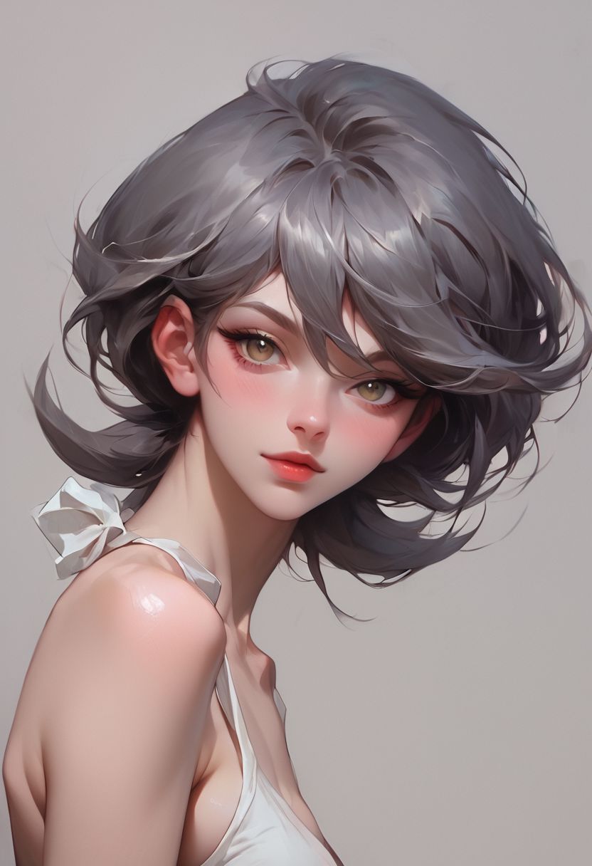 score_9, score_8_up, score_7_up, 1girl, anime artwork, 2d art, (lora:Momoe:1.5), grey background, (upper body:1.5), (3/4 view:1.2), dark grey hair color, (seductive  pose:1.5), nsfw,
