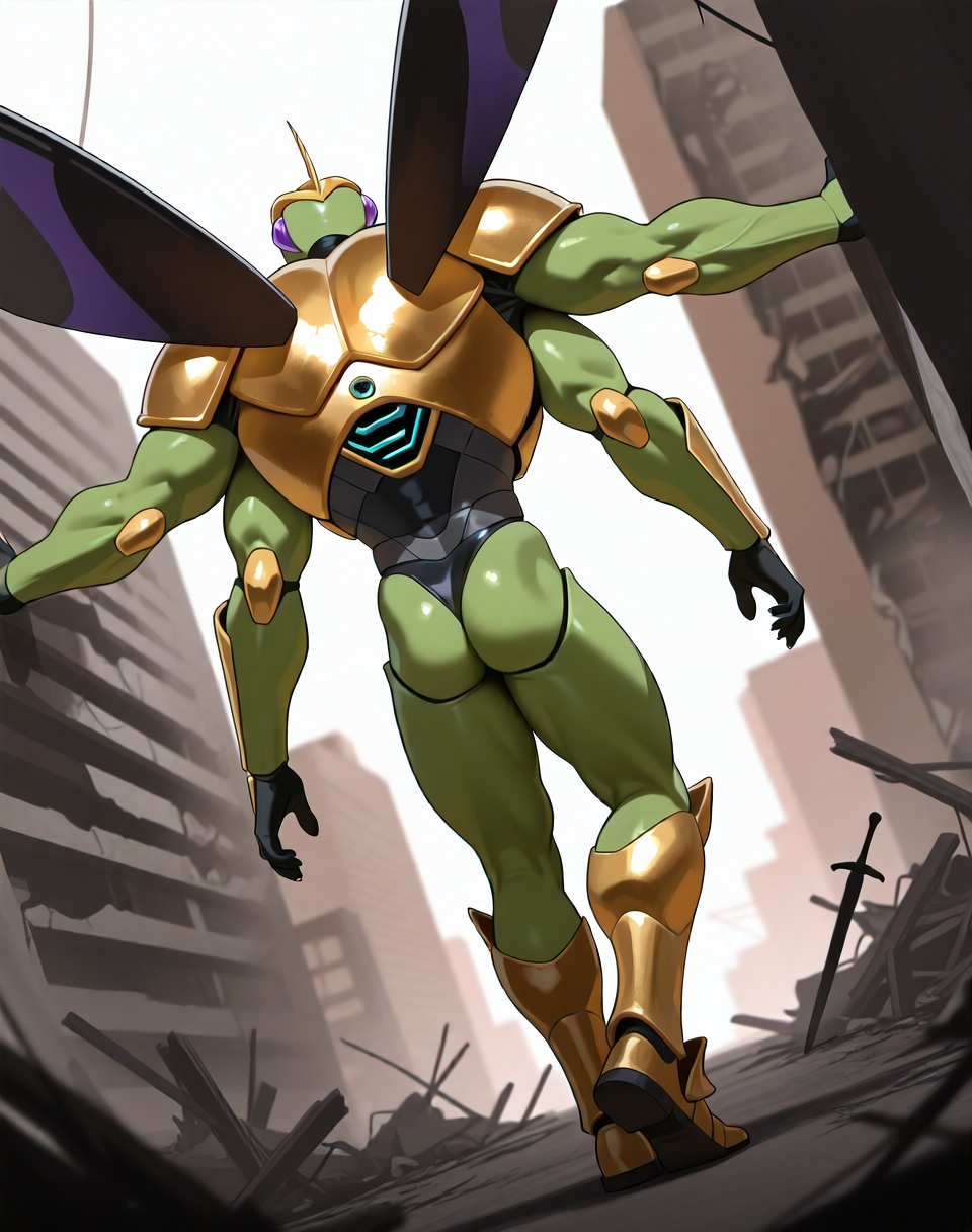 <lora:Ultimate_Katris_(Shinzo)_(Illustrious)_(AD):1.35> Ultimate Katris, muscular, mantis, Shinzo, 
((
exterior, bent leg, anime post apocalyptic city, destroyed buildings, destroyed skyscrapers, buildings laying at an angle or on the side, dutch angle, back view, butt, 
dynamic action, insect anthro, male focus, strong warrior, manly, bounty hunter, villain, glossy gold armor, manly, masculine, 4arms, four armed, perfect proportions, green body, wings, 
)), 
BREAK: very awe, aesthetically pleasing, masterpiece, best quality, amazing quality, very aesthetic, perfect depth of field shot, gradient coloring, subsurface reflections, source_furry, furry_art, vivid colors, source_anime, masterclass anime,
masterpiece, best quality, amazing quality, very aesthetic, high resolution, ultra-detailed, absurdres, newest, scenery, {Prompt}, BREAK, detailed background, volumetric lighting,
BREAK: lazympos, lazypos (3),