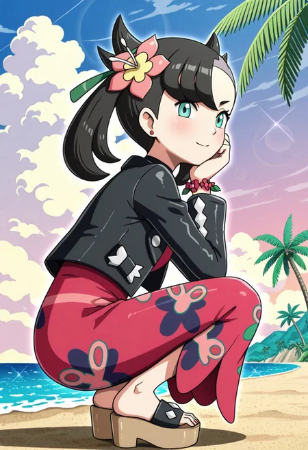 hinosaki, [[pokemoa, gonzarez]], 2d, masterpiece, best quality, amazing quality, highres, absurdres, newest, 1girl, solo, squatting, from side, beach, sea, summer, sunshine, clear sky, colorful, palm tree, landscape, adult body, mature female, aged up, sumarnie, marnie \(pokemon\), green eyes, black hair, asymmetrical bangs, medium hair, twintails, single earring, hair ribbon, green ribbon, hair flower, pink flower, hibiscus, black jacket, leather jacket, long sleeves, criss-cross, halter, black choker, black bracelet, wrist flower, print sarong, red sarong, red nails, platform sandals