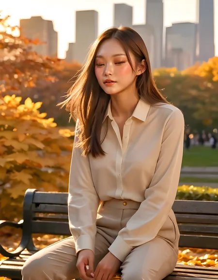NJZH43R1N, In a bustling city park under the warm, golden glow of setting sun, a stylish woman with closed eyes and pursed lips wears a sleek long-sleeved shirt paired with tailored pants. She's seated on a weathered bench, gazing directly at the viewer with a contemplative expression, surrounded by vibrant autumn leaves that dance in the gentle breeze, creating a captivating portrait against the backdrop of an iconic city skyline.