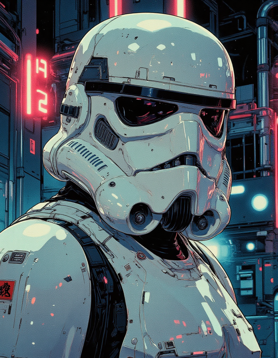 A sci-fi elite star wars stormtrooper with a futuristic helmet and armor, cel-shaded, comic book style, high-contrast lighting, minimal shading, neo-noir aesthetics, detailed linework, digital illustration, 