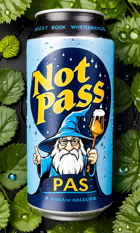 <lora:bevlabsdxl:0.9>,a beer can with a wizard , text " Not Pass", bevlabsdxl,  best quality, masterpiece, water droplets, logo, fancy beer,