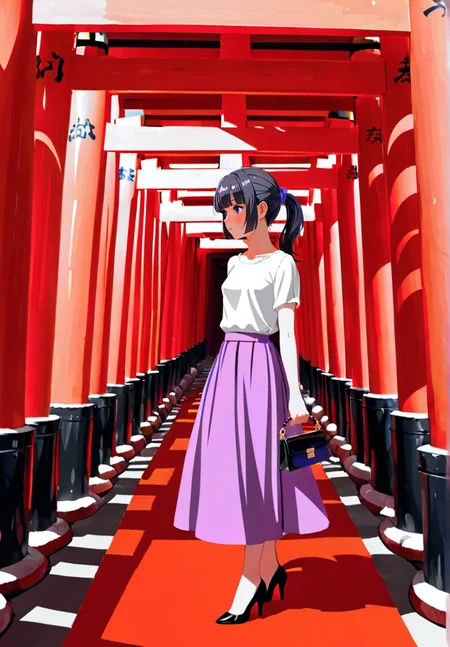 1girl,solo,black hair,long ponytail,windy, (black eyes:1.1),hair ribbon,blunt bangs,white,white blouse,small breasts,(violet long skirt:1.4),shadow, side bangs,black shoes, holding handbag, 
multiple torii, perspective, 
(red background:1.2),<lora:Fixhands_anime_bdsqlsz_V1:1>,<lora:Senbon_Torii:0.9>,best quality, masterpiece, <lora:Vivid:0.4>