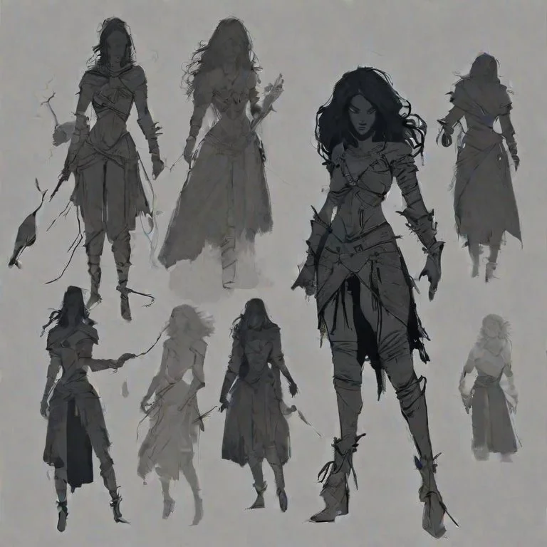 <lora:Charasilhouette-V1-000004:1>,charasil style, monochrome, sketch, silhouette,fantasy, gorgeous 1girl, witch, electric sparks from the hand, dark background, medieval town, long hair, small breasts, cleavage, bare shoulders, intricate leather armor, jewelry, blue hair, earrings, concerned face , monochrome,( full body:1.3),