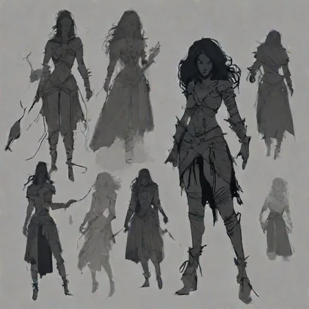 <lora:Charasilhouette-V1-000004:1>,charasil style, monochrome, sketch, silhouette,fantasy, gorgeous 1girl, witch, electric sparks from the hand, dark background, medieval town, long hair, small breasts, cleavage, bare shoulders, intricate leather armor, jewelry, blue hair, earrings, concerned face , monochrome,( full body:1.3),