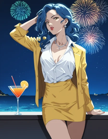 score_9,  score_8_up, score_7_up, <lora:ai-shimai-ponyxl:0.8> 1girl, solo,
yukie, blue hair, (lipstick:0.6), necklace, yellow jacket, white shirt, (untucked shirt:1.2), dress shirt, yellow skirt, pencil skirt, microskirt,
yacht, ocean, cocktail glass, fireworks, night