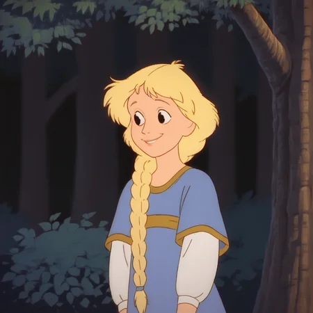 Ugly score_9_up, score_8_up, BREAK, PrincessCalla, 1girl, solo, blonde hair, long hair, single braid, black eyes, dress, <lora:PrincessCalla_GummiBears_PXL_Leaf1:1>, cowboy shot, forest, smile,