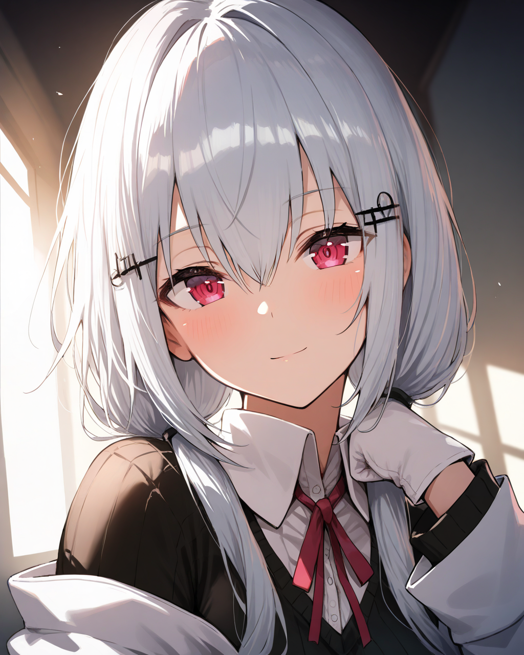1girl,
HakaseFuyukiNijisanji,
safe, solo, dynamic angle, close-up, upper body,
hairclip,
beautiful eyes,
looking at viewer, head tilt, light smile,
white jacket, off shoulder,
white gloves, 
black sweater, collared shirt,
neck ribbon,
soft lighting,
depth of field,
<lora:kp_HakaseFuyukiNijisanji1stCostumeAnimagineXL_v1_1:1.0>,
masterpiece, high score, great score, absurdres