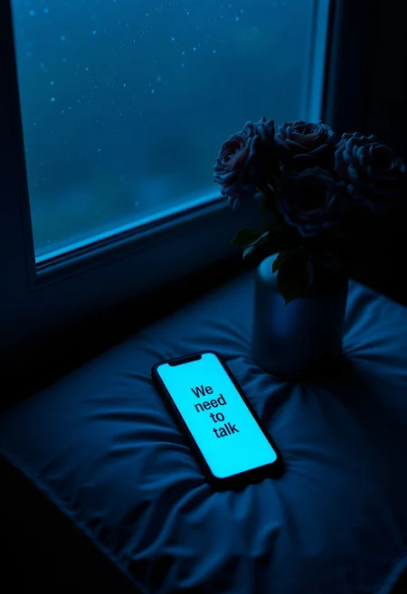 A dimly lit bedroom, bathed in the soft glow of a cellphone. The screen illuminating the darkness with a single message in large letters: "We need to talk." It is on the nightstand next to a vase of wilted roses.    Outside, rain gently taps against the window, streaking the glass with faint, uneven lines. The phone remains untouched, its cold, silent presence heavier than the words on the screen. blue tone. moody. contrast, film grain, analog texture,