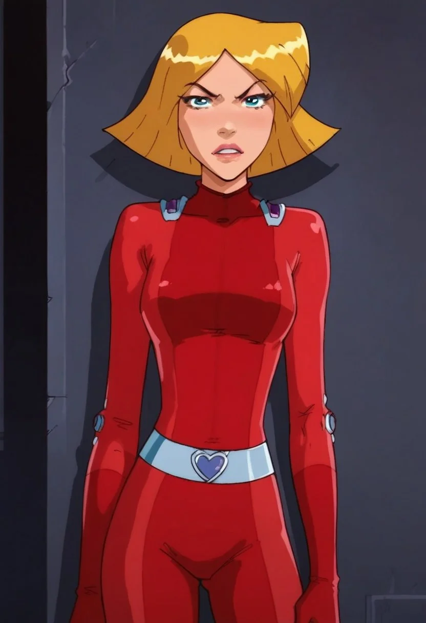 masterpiece,best quality, highly detailed, score_9, score_8_up, score_7_up, score_6_up, source_cartoon, BREAK, 1 girl, cloverts, \(totally spies\), blonde hair, blue eyes, red bodysuit,