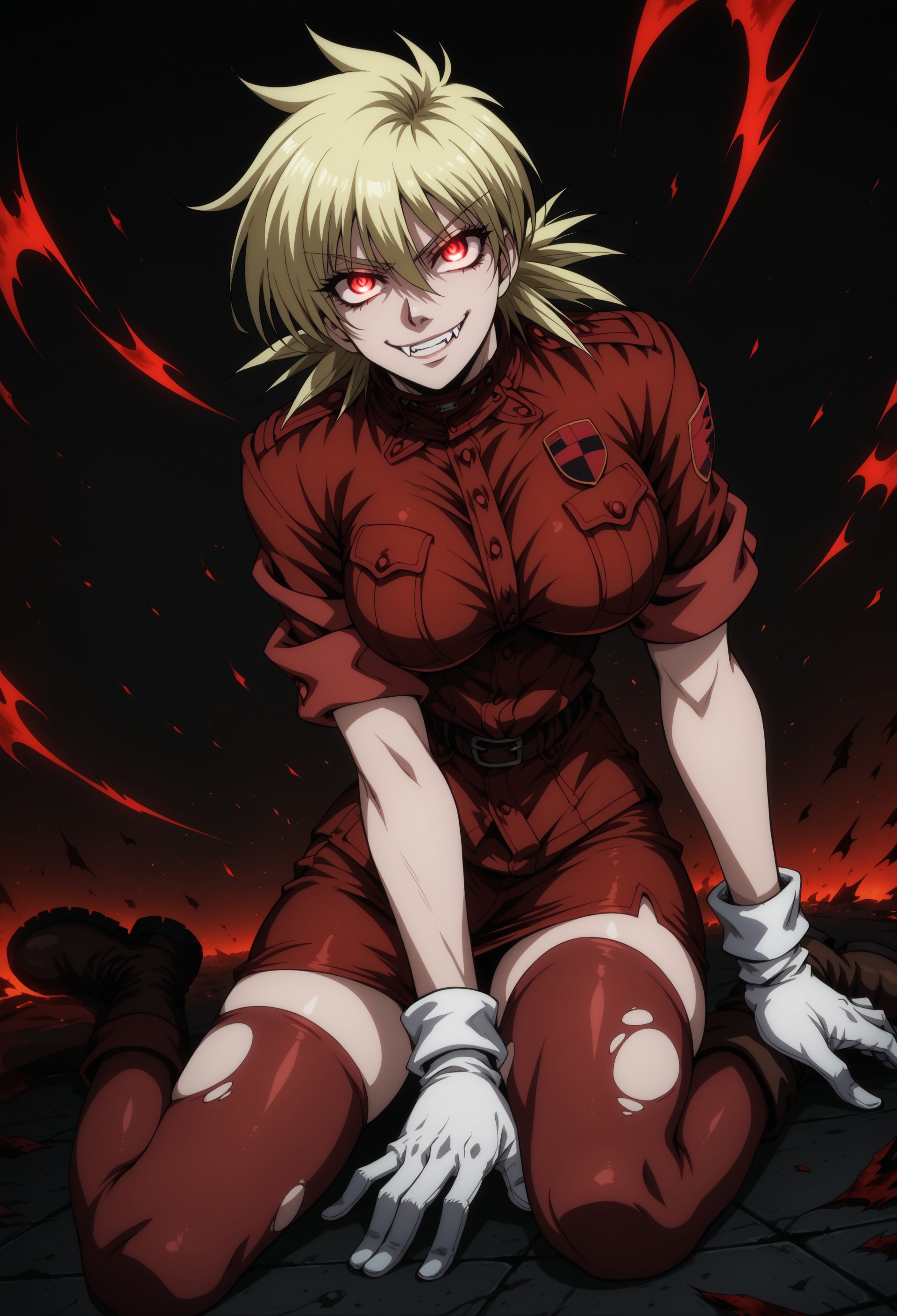 safe_pos, score_9, score_8_up, score_7_up, masterpiece, best quality, very aesthetic, SerasVictoria, 1girl, solo, female focus, blonde hair, short hair, spiked hair, red eyes, large breasts, military uniform, red shirt, sleeves rolled up, white gloves, brown belt, red pencil skirt, red thighhighs, torn thighhighs, brown boots, darkness, umbrakinesis, false arm, false limb, missing limb, face in shadow, glowing eyes, evil smirk, fangs, dynamic pose, perspective
