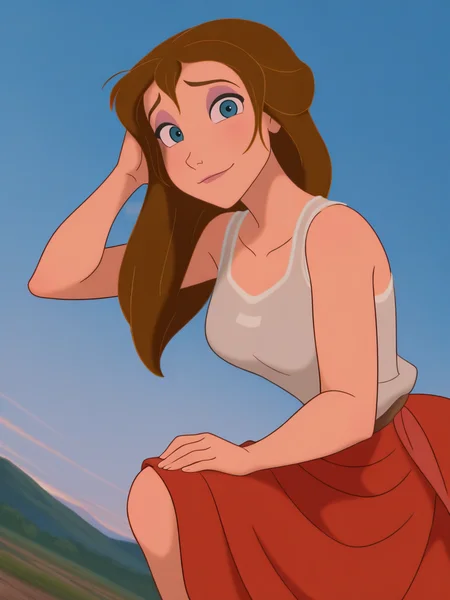(anime screencap:1.2), background,
1girl, medium breasts, (JaneXL:1.1), long hair, brown hair, blue eyes, sleeveless shirt, white tank top, red skirt, makeup,
light smile, dutch angle, shy pose, hand on knees, looking at viewer, blue sky, outdoors, daylight, portrait, dynamic pose, cowboy shot, from side, one hand on hair, 
 <lora:JanePorterXL_Character:1>