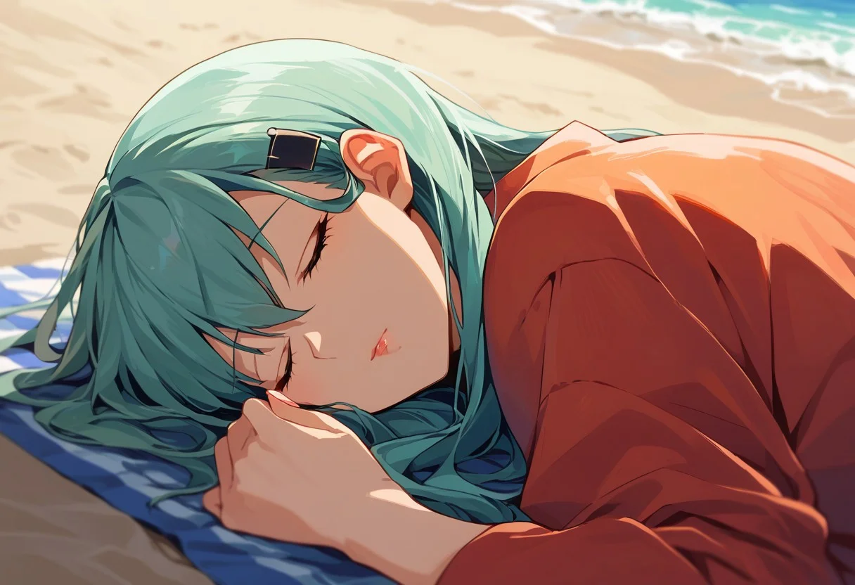 score_9, score_8_up, score_7_up, source_anime, suzuya (kancolle), hairclip, sleeping, lying, on beach