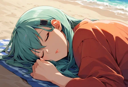 score_9, score_8_up, score_7_up, source_anime, suzuya (kancolle), hairclip, sleeping, lying, on beach