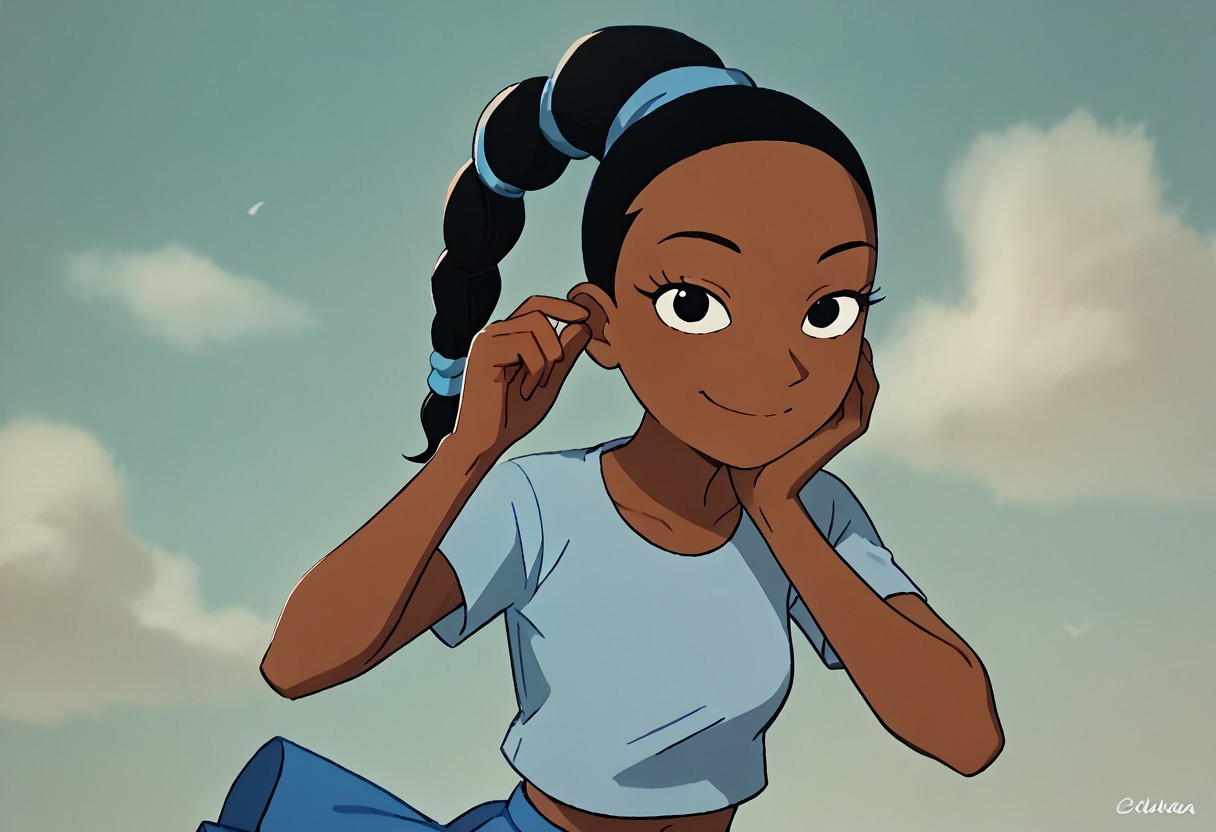 score_9, score_8_up, score_7_up BREAK ChloeHA, 1girl, black hair, black eyes, brown skin, braided ponytail, short-sleeved light blue shirt, midriff, short blue skirt, cyan socks, white shoes, closeup, female focus, smiling at viewer, closeup view, solo, solo focus, posing for viewer, close view,