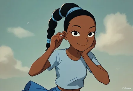 score_9, score_8_up, score_7_up BREAK ChloeHA, 1girl, black hair, black eyes, brown skin, braided ponytail, short-sleeved light blue shirt, midriff, short blue skirt, cyan socks, white shoes, closeup, female focus, smiling at viewer, closeup view, solo, solo focus, posing for viewer, close view,