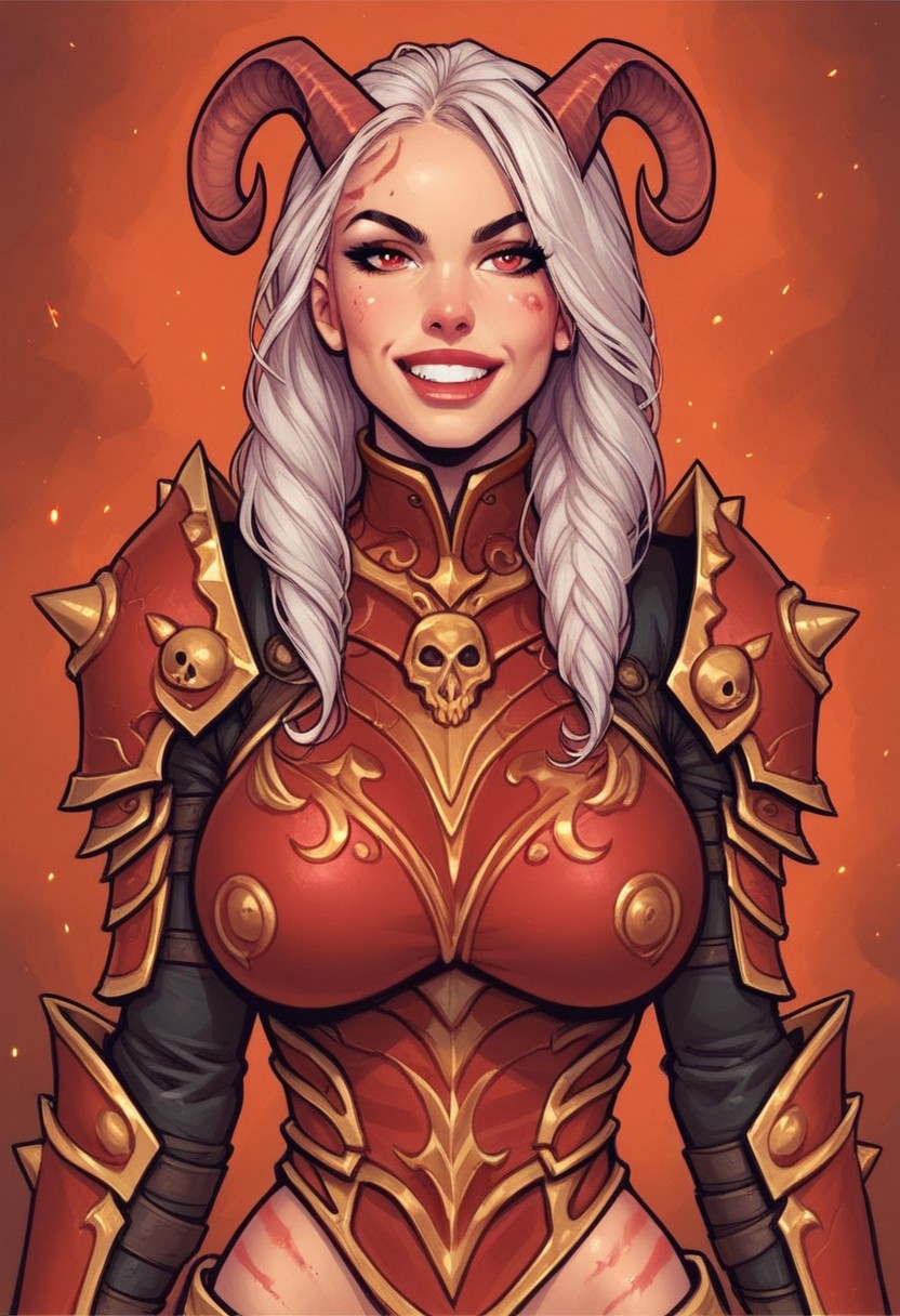 from front, (((front view))), 1girl, illustration, comic style, looking at viewer, highly detailed,
big breasts, (curvy), eyelashes, Khorne marks, ((marks of Chaos)), evil, blood, DaughterOfKhorne, (((skull))), chain, spikes, armor, 1girl, long hair, white hair, looking at viewer, smile, teeth, red eyes, straight horns, red theme, fire, shoulder armor, gauntlets, , pauldrons, full armor, demon, pretty face, space marine <lora:bolter:0.9> <lora:gstr-pdxl:0.8> <lora:Cherry-Gig:0.55> ((((full-clothed red armor))))
BREAK 
(((chaos temple background))) score_9, score_8_up, score_7_up, score_6_up, source_cartoon, rating_explicit, Expressiveh, (((((upper body, full body))))), dynamic pose